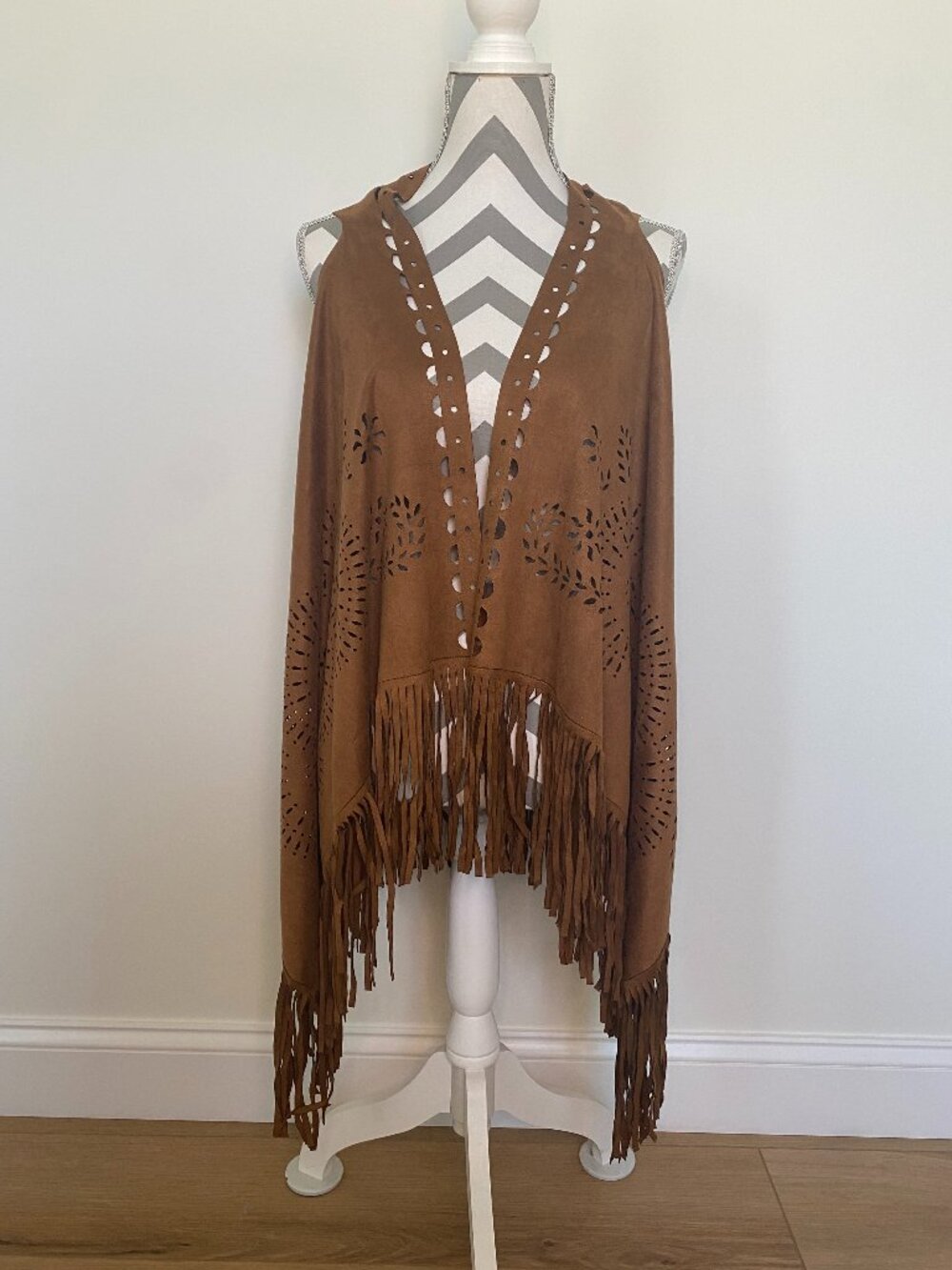 Boho Laser-Cut Faux Suede Fringe Poncho Wrap